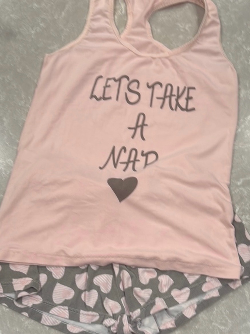 Women’s Pink Heart Pajama Set Let’s Take a Nap Tank Shorts Size 8 NWOT